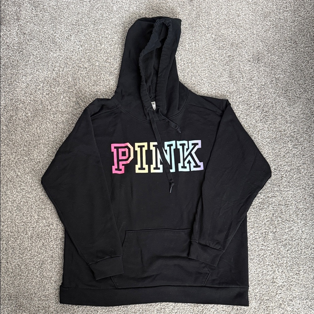 PINK Victoria's Secret Black Hoodie with Multicolor Logo